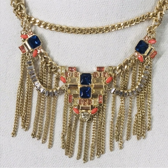 BCBG Gold Chain Gem Statement Romantic Necklace Orange Blue Dark Romance Jewelry - Picture 2 of 4